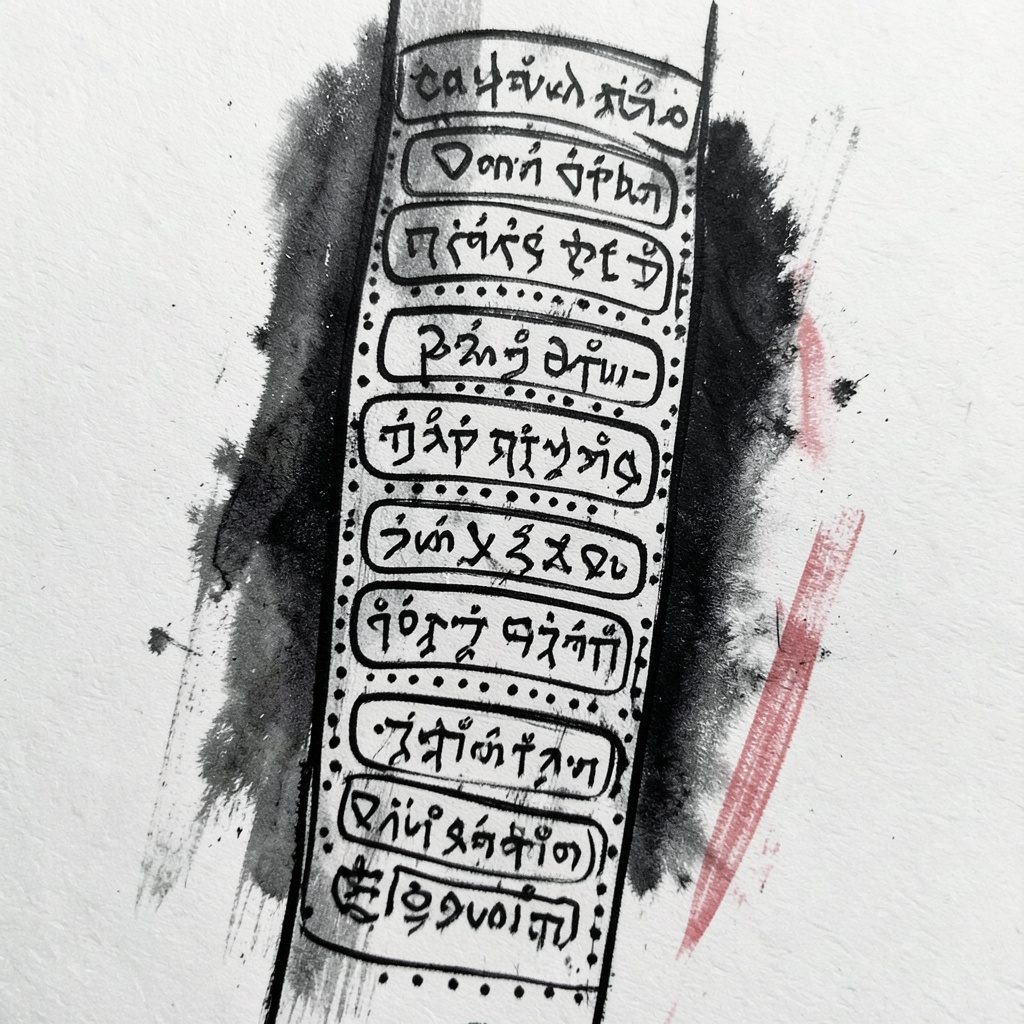 A bold charcoal drawing of a Sak Yant arm sleeve featuring stacked rows of prayer script and protective symbols, with strong black linework and delicate dot detailing.